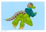  2018 anthro balls beanie bjyord bottomless butt clothed clothing crocodile crocodilian feet foot_focus hat headphones hoodie latch lethal_league looking_at_viewer looking_back male presenting presenting_hindquarters prosthetic prosthetic_tail reptile scalie solo 