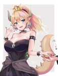  armlet bare_shoulders black_nails blonde_hair blue_eyes bowsette bracelet breasts cleavage collar collarbone crown directional_arrow earrings eyebrows eyebrows_visible_through_hair grey_background horns jewelry kevn large_breasts looking_to_the_side mario_(series) nail_polish new_super_mario_bros._u_deluxe open_mouth pointy_ears ponytail sharp_teeth short_hair simple_background smile solo_focus spiked_armlet spiked_bracelet spiked_collar spikes super_crown tail teeth 
