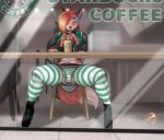  2018 beverage brown_eyes bulge canine clothed clothing coffee crossdressing footwear fox green_lipstick high_heels legwear lipstick makeup male mammal panties shoes socks solo starbucks stockings underwear zorro_re zorro_re_(character) 