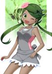  1girl absurdres bare_shoulders blush breasts collarbone creatures_(company) dark_skin eyebrows_visible_through_hair female flower game_freak gradient gradient_background green_background green_eyes green_hair green_hairband hair_flower hair_ornament hairband happy highres holding holding_poke_ball long_hair looking_at_viewer mao_(pokemon) matching_hair/eyes medium_breasts nintendo open_mouth outline overalls pink_flower pink_shirt poke_ball poke_ball_(generic) pokemon pokemon_(game) pokemon_sm shiny shiny_skin shirt smile solo standing tied_hair twintails white_outline yuihiko 