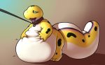  2016 belly big_belly collar drooling gecko geckomania half-closed_eyes huge_tail leash lizard male morbidly_obese mostly_nude obese open_mouth overweight petplay reptile roleplay saliva scalie self_grab solo standing teeth thick_tail 