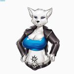  2018 5_fingers anthro big_breasts black_nose black_sclera blue_eyes breasts canine clothed clothing female fur hand_on_hip hotbento jacket leather leather_jacket looking_at_viewer luna_santiago_(lildredre) mammal simple_background solo unimpressed white_background white_fur wolf 