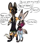  african_wild_dog anthro barefoot canine clothed clothing digital_media_(artwork) disney duo english_text evelyn_wilde-hopps eyelashes fan_character female fox hybrid lagomorph male mammal rabbit simple_background smile standing text white_background wiwolf zootopia 