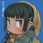  bangs black_hair blue_background blunt_bangs blush bracer closed_mouth commentary_request ebimomo fingerless_gloves gloves hair_ornament hairclip hand_up hood hood_up lowres original pointy_ears purple_eyes simple_background solo sweatdrop 