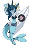  2018 anthro anthrofied bikini blue_hair bracelet breasts cleavage clothed clothing cute cutoffs denim_shorts digital_media_(artwork) eeveelution female hair hamsteroftime hi_res jewelry looking_at_viewer mammal medium_breasts midriff navel nintendo open_mouth pok&eacute;mon pok&eacute;mon_(species) pok&eacute;morph portrait purple_eyes raised_arm shorts simple_background smile snubbull solo standing surfboard swimsuit vaporeon video_games white_background 