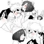  1boy 1girl bangs beanie blush bottomless breasts collarbone eye_contact eyes_closed eyewear_on_head fang guzma_(pokemon) hand_on_own_chest hand_up happy hat heart hood hoodie japanese_text licking looking_at_another messy_hair mizuki_(pokemon) monochrome multicolored_hair multiple_views navel nipples open_mouth pokemon pokemon_(game) pokemon_sm profile saliva shiny shiny_hair shirt shirt_lift short_hair short_sleeves simple_background small_breasts smile sparkle speech_bubble spoken_heart spot_color sunglasses sweat talking tears text_focus thought_bubble tongue tongue_out translation_request trembling two-tone_hair white_background zuizi 