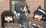  black_hair brown_hair closed_eyes commentary dated eyebrows_visible_through_hair flying_sweatdrops gloves green_sailor_collar grey_skirt grey_vest hair_ornament hairclip hammer hamu_koutarou hatsuyuki_(kantai_collection) highres hime_cut holding holding_hammer kantai_collection kuroshio_(kantai_collection) long_hair motion_lines multiple_girls open_mouth pleated_skirt red_eyes sailor_collar shaded_face shirt short_hair short_sleeves skirt tears vest white_gloves white_shirt yamashiro_(kantai_collection) yawning yellow_eyes 