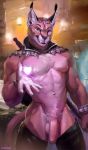  2018 anthro balls caracal chunie clothing detailed_background digital_media_(artwork) feline flaccid fur hi_res humanoid_penis looking_at_viewer magic male mammal mostly_nude muscular muscular_male nipples orange_fur partially_retracted_foreskin penis purple_eyes smile solo spell uncut white_fur 