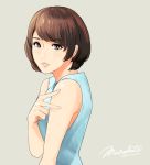  bangs black_eyes blue_shirt brown_hair eyebrows_visible_through_hair fingernails grey_background hand_up munakata_(hisahige) original parted_lips shirt short_hair signature simple_background sleeveless sleeveless_shirt smile solo swept_bangs twitter_username v 