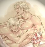  artist_request brothers chest dante_(devil_may_cry) devil_may_cry food fruit glass incest male_focus multiple_boys parfait pocky shirtless siblings strawberry vergil white_hair yaoi 