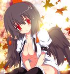  bad_id bad_pixiv_id black_wings breasts cleavage hat head_tilt kurokawa_izumi large_breasts looking_at_viewer open_clothes open_shirt parted_lips red_eyes shameimaru_aya shirt solo thighhighs touhou wings 