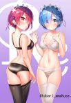  2girls :o abs adjusting_clothes adjusting_legwear amakusa_tobari ass back bangs black_bra black_legwear black_panties black_vs_white blue_eyes blue_hair blush bow bow_bra bow_panties bra breasts cleavage commentary_request copyright_name eyebrows_visible_through_hair eyes_visible_through_hair from_behind gluteal_fold hair_ornament hair_over_one_eye hand_on_own_chest hands_in_pockets lace lace-trimmed_bra lace-trimmed_panties lace_bra lace_panties lingerie looking_at_viewer looking_back maid_headdress medium_breasts multiple_girls navel panties parted_lips ram_(re:zero) re:zero_kara_hajimeru_isekai_seikatsu red_eyes red_hair rem_(re:zero) ribbon short_hair siblings sisters skindentation standing thigh_gap thighhighs thighs twitter_username underwear underwear_only white_bra white_legwear white_panties x_hair_ornament 