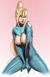  blonde_hair bodysuit breasts breasts_outside large_breasts metroid nipples ponytail samus_aran solo torn_bodysuit torn_clothes zero_suit 