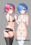  2girls :o abs adjusting_clothes adjusting_legwear amakusa_tobari ass back bangs black_bra black_legwear black_panties black_vs_white blue_eyes blue_hair blush bra breasts cleavage commentary_request eyebrows_visible_through_hair eyes_visible_through_hair from_behind gluteal_fold grey_background hair_ornament hair_over_one_eye hand_on_own_chest hands_in_pockets lace lace-trimmed_bra lace-trimmed_panties lingerie looking_at_viewer looking_back maid_headdress medium_breasts multiple_girls navel panties parted_lips ram_(re:zero) re:zero_kara_hajimeru_isekai_seikatsu red_eyes red_hair rem_(re:zero) ribbon short_hair siblings sisters skindentation standing thigh_gap thighhighs thighs twitter_username underwear underwear_only white_bra white_legwear white_panties work_in_progress x_hair_ornament 