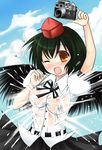  black_wings blush breasts camera hat large_breasts looking_at_viewer nipples no_bra open_mouth see-through shameimaru_aya shirt solo takamoto_akisa touhou water wet wet_clothes wet_shirt wings 