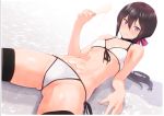  bikini black_hair bow choker flat_chest long_hair nanahime_(aoi) original popsicle purple_eyes signed spread_legs swimsuit thighhighs 