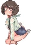  abaratani_kurou akiyama_yukari arm_support ass bangs black_neckwear black_swimsuit blouse brown_eyes brown_hair check_commentary closed_mouth commentary_request full_body girls_und_panzer hand_on_own_neck highres legs long_sleeves looking_at_viewer messy_hair neckerchief no_pants one-piece_swimsuit ooarai_school_uniform school_uniform serafuku short_hair simple_background sitting smile socks solo sweatdrop swimsuit swimsuit_under_clothes white_background white_blouse white_legwear yokozuwari 