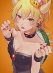  :d bangs bare_shoulders blonde_hair blush bowsette bracelet breasts claw_pose cleavage collar collarbone covered_navel crown dress earrings eyebrows fangs from_side gradient gradient_background hair_between_eyes highres horns jewelry looking_at_viewer looking_up mario_(series) medium_breasts medium_hair mini_crown monotiina nail_polish new_super_mario_bros._u_deluxe open_mouth orange_background pointy_ears red_eyes red_nails simple_background smile solo spiked_collar spiked_shell spikes strapless strapless_dress super_crown thick_eyebrows turtle_shell upper_body 