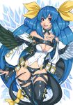  ass_visible_through_thighs asymmetrical_wings bangs bare_shoulders belt belt_buckle black_legwear black_panties blue_hair blue_nails bow breasts buckle chest_strap choker cleavage collarbone detached_sleeves dizzy guilty_gear hair_ribbon hand_on_own_chest highres its_just_suppi large_breasts long_hair multiple_belts nail_polish open_mouth panties pirate red_eyes ribbon skindentation solo tail tail_bow tail_ribbon thigh_strap thighhighs twintails underwear very_long_hair wide_sleeves wings yellow_bow yellow_ribbon 