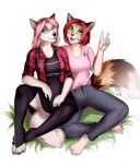  2018 4_toes 5_fingers anthro blue_eyes breasts cat clothed clothing digital_media_(artwork) duo felicia_cat feline female green_eyes hair mammal open_mouth pink_hair red_hair smile teeth toes tongue 