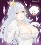  areolae boo breasts cleavage crown dress frilled_dress frilled_gloves frills ghost_pose gloves hair_between_eyes hitodama j@ck large_breasts long_hair looking_at_viewer luigi's_mansion mario_(series) mini_crown new_super_mario_bros._u_deluxe open_mouth princess_king_boo puffy_short_sleeves puffy_sleeves red_eyes sharp_teeth short_sleeves solo super_crown super_mario_bros. teeth tilted_headwear tongue tongue_out twitter_username upper_body white_dress white_hair 