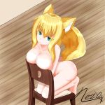  absurdres animal_ears bad_anatomy bad_perspective bangs barefoot blonde_hair breast_press breasts chair closed_mouth colored_eyelashes commentary commission cushion english_commentary eyebrows_visible_through_hair fox_ears fox_girl fox_tail green_eyes highres indoors kneeling large_tail long_hair looking_at_viewer nude on_chair original signature sketch_eyebrows smile solo tail tail_raised weaver_neith wooden_floor 