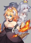  absurdres armlet black_dress blonde_hair borrowed_design bowsette bracelet breasts cleavage clenched_hand collar commentary crown dress earrings fire frilled_dress frilled_gloves frills from_above gloves grey_background highres horns jewelry large_breasts long_hair luigi's_mansion mario_(series) mini_crown multiple_girls necklace new_super_mario_bros._u_deluxe open_mouth parted_lips pointy_ears ponytail princess_king_boo puffy_short_sleeves puffy_sleeves red_eyes reiga_(act000) sharp_teeth short_sleeves spiked_armlet spiked_bracelet spiked_collar spiked_shell spiked_tail spikes strapless strapless_dress super_crown super_mario_bros. sweatdrop tail teeth tilted_headwear transformation turtle_shell white_dress white_gloves white_hair 