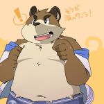  2015 anthro bear belly clothed clothing green_bell humanoid_hands inakamichi japanese_text male mammal navel open_shirt overweight overweight_male shirt solo swimsuit text 