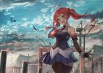  azur_lane bird blue_eyes blurry blurry_background cloud commentary_request day detached_sleeves hair_ornament hairclip highres looking_at_viewer necktie open_mouth red_hair remodel_(azur_lane) san_diego_(azur_lane) sky sleeveless thighhighs twintails twitter_username yu_ni_t 
