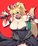  armlet bangs bare_shoulders black_dress black_nails blonde_hair blue_eyes blush bowsette bracelet breasts brooch claw_pose cleavage collar collarbone commentary_request covered_navel cowboy_shot crown dress earrings fingernails hair_between_eyes hands_up horns huge_breasts jewelry large_breasts long_ponytail looking_at_viewer mario_(series) nail_polish negresco new_super_mario_bros._u_deluxe open_clothes open_dress open_mouth pointy_ears red_background reflective_eyes sharp_fingernails sharp_teeth shiny shiny_hair shiny_skin short_hair sidelocks simple_background smile solo spiked_armlet spiked_bracelet spiked_collar spiked_shell spiked_tail spikes strapless strapless_dress super_crown tail teeth thick_eyebrows toned turtle_shell 
