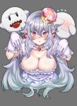  :&lt; blush boo breasts cleavage covering_face crown dress e90vwggy earrings flying_sweatdrops frilled_dress frilled_gloves frills ghost ghost_pose gloves jewelry large_breasts long_hair luigi's_mansion mario_(series) mini_crown new_super_mario_bros._u_deluxe pointy_ears princess_king_boo puffy_short_sleeves puffy_sleeves red_eyes short_sleeves silver_hair simple_background super_crown sweatdrop tilted_headwear tongue tongue_out wavy_mouth white_dress white_gloves 