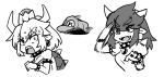  bowser_peach bowsette claws collar collarbone dress eyebrows eyebrows_visible_through_hair fang gem hat horns mario_(series) monochrome multiple_girls new_super_mario_bros._u_deluxe ponytail princess_peach prototype spiked_collar spiked_shell spikes steakhouse_men strapless strapless_dress super_crown super_mario_odyssey surprised 