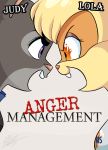  anger_management angry anthro blonde_hair blue_eyes breasts clothing disney duo eye_contact female hair judy_hopps lagomorph lola_bunny looney_tunes mammal movie_poster nino5571_(artist) open_mouth parody rabbit simple_background teeth text warner_brothers yelling zootopia 