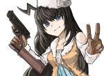  ahoge black_hair blue_eyes commentary fur_trim girls_frontline gloves gun handgun hat leather leather_gloves long_hair looking_at_viewer pistol smile stechkin_(girls_frontline) stechkin_aps trigger_discipline v wayo weapon 