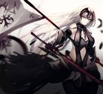  armor armored_dress bangs beckzawachi black_dress breasts chain commentary_request dress eyebrows_visible_through_hair fate/grand_order fate_(series) flag gauntlets headpiece jeanne_d'arc_(alter)_(fate) jeanne_d'arc_(fate)_(all) pale_skin short_hair silver_hair sword thighhighs weapon yellow_eyes 