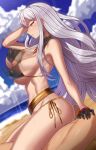  1girl afterimage beach bikini black_bikini black_gloves blush breasts cloud cloudy_sky covered_nipples cowgirl_position day girl_on_top gloves hand_in_hair hetero implied_sex large_breasts long_hair motion_lines nt00 ocean profile red_eyes selvaria_bles senjou_no_valkyria sex side-tie_bikini sideboob silver_hair sky solo_focus straddling string_bikini sweat swimsuit 