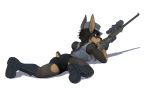  2018 5_fingers anthro butt canine clothed clothing digital_media_(artwork) dog eyewear female foxmode glasses holding_object holding_weapon lying mammal on_front simple_background sniper solo weapon white_background yellow_eyes 