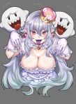  boo breasts cleavage crown dress e90vwggy earrings frilled_dress frilled_gloves frills ghost ghost_pose gloves jewelry large_breasts long_hair luigi's_mansion mario_(series) mini_crown new_super_mario_bros._u_deluxe pointy_ears princess_king_boo puffy_short_sleeves puffy_sleeves purple_tongue red_eyes sharp_teeth short_sleeves silver_hair simple_background super_crown teeth tilted_headwear tongue tongue_out white_dress white_gloves 