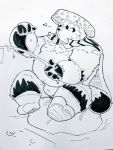  2018 anthro belly bulge canine clothing fishing fundoshi hat humanoid_hands japanese_clothing male mammal moobs nipples overweight overweight_male sitting solo suishou0602 tanuki underwear 