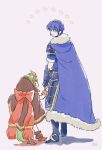  1girl blue_cape blue_eyes blue_hair bracelet cape chiki cloak closed_eyes closed_mouth commentary_request fire_emblem fire_emblem:_monshou_no_nazo fire_emblem_heroes from_behind from_side fur_trim gauntlets green_hair hood jewelry long_hair looking_to_the_side mamkute marth murabito_ba open_mouth short_hair short_sleeves simple_background smile standing star tiara 