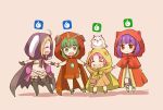  ahoge animal animal_on_head bird black_gloves blonde_hair cape chiki cloak closed_eyes closed_mouth commentary_request dress fa feh_(fire_emblem_heroes) fire_emblem fire_emblem:_fuuin_no_tsurugi fire_emblem:_kakusei fire_emblem:_monshou_no_nazo fire_emblem:_seima_no_kouseki fire_emblem_heroes gloves green_eyes green_hair hira_(otemoto84) holding_hands hood hood_up long_hair long_sleeves looking_to_the_side mamkute multiple_girls myrrh nono_(fire_emblem) on_head open_mouth owl purple_hair red_eyes short_hair short_shorts shorts simple_background smile standing stone thighhighs tiara 
