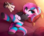  2018 blue_eyes clothed clothing collar cutie_mark detailed_background digital_media_(artwork) equine eyebrows eyelashes fan_character female feral fur hair hoodie hooves legwear lying magnaluna mammal my_little_pony on_back pink_fur pink_hair smile socks solo tongue 