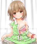  bangs blush bra bracelet breasts brown_eyes brown_hair buttons closed_mouth collarbone commentary_request curtains dress dress_lift eyebrows_visible_through_hair floral_print frilled_bra frills green_dress hair_ribbon idolmaster idolmaster_cinderella_girls jewelry kaishinshi long_hair looking_at_viewer off_shoulder open_clothes open_dress out-of-frame_censoring pink_bra pink_ribbon ribbon short_sleeves small_breasts smile strap_slip underwear very_long_hair yorita_yoshino 