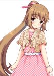  bangs blush brown_eyes brown_hair camisole commentary_request dress eyebrows_visible_through_hair hair_ribbon idolmaster idolmaster_cinderella_girls kaishinshi long_hair looking_at_viewer pink_dress pink_ribbon ponytail ribbon simple_background very_long_hair white_background yorita_yoshino 