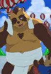  2017 anthro belly brown_fur canine duo fur humanoid_hands kumaura721 male mammal moobs one_eye_closed overweight overweight_male sweat tanuki towel wink young 