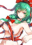  absurdres amamitsu_kousuke areolae bangs bow breasts commentary eyebrows_visible_through_hair frilled_bow frilled_ribbon frills green_eyes green_hair groin hair_between_eyes hair_bow hair_ribbon heart heart-shaped_pupils highres kagiyama_hina large_breasts long_hair looking_at_viewer naked_ribbon navel nude out-of-frame_censoring red_bow red_ribbon ribbon seductive_smile shiny shiny_skin simple_background smile solo stomach symbol-shaped_pupils touhou upper_body white_background 