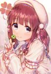  beret blush bow bowtie brooch brown_eyes brown_hair clover commentary eyebrows_visible_through_hair four-leaf_clover hair_ribbon hat idolmaster idolmaster_cinderella_girls idolmaster_cinderella_girls_starlight_stage jewelry long_hair long_sleeves looking_at_viewer ogata_chieri orange_uni pom_pom_(clothes) ribbon short_over_long_sleeves short_sleeves signature sleeves_past_wrists smile solo sparkle twintails upper_body 