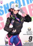  2018 acronym alternate_hairstyle animal_print artist_name artstation_username bangs baseball_cap blue_bodysuit bodysuit breasts brown_eyes brown_hair bunny_print character_name closed_mouth clothes_writing copyright_name cowboy_shot d.va_(overwatch) dated dirty_face emblem eyebrows eyelashes facepaint facial_mark gumroad_username hand_on_headwear hat headphones headphones_around_neck heart high_collar jacket lenn_sparrow logo long_hair looking_at_viewer medium_breasts nose overwatch patreon_username pilot_suit pink_lips ponytail ribbed_bodysuit september shooting_star_d.va skin_tight smile solo swept_bangs twitter_username watermark web_address youtube_username zipper zipper_pull_tab 