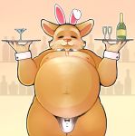  alcohol anthro beard belly beverage big_belly bow_tie bulge clothed clothing costume crossdressing digital_media_(artwork) dota facial_hair fake_ears fake_rabbit_ears fur humanoid_hands male mammal mangix_the_brewmaster moobs mostly_nude navel nipples orange_fur overweight overweight_male pkaocko playboy_bunny smile solo thick_thighs underwear video_games 