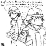  2018 armor army black_and_white canine clothed clothing comic dialogue dog english_text female fox helmet humor mammal military monochrome peggy_patterson samantha_thott savagelyrandom shocked simple_background soldier text uniform vest 